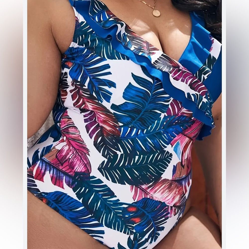 SHEIN Tropical Floral Ruffle One Piece Bathing Suit Size 2XL